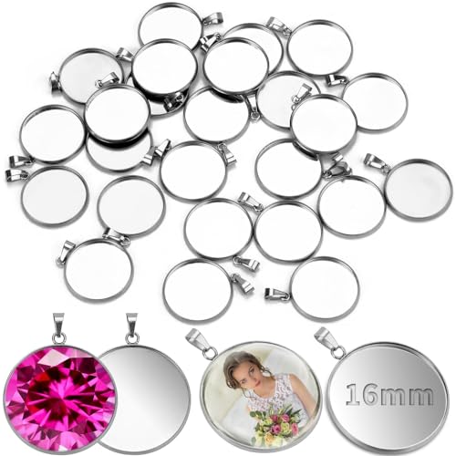 TXXATX 25 Stück Anhänger Tabletts Kit Cabochon Rohlinge 16 mm Edelstahl Anhänger Rohlinge Runde Lünette Rohlinge Tabletts Anhänger Einstellungen für DIY Schmuck Armbänder Ohrring Schlüsselanhänger von TXXATX