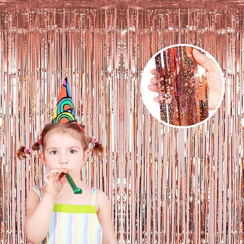 TYEQWT Lametta Vorhang Glitzer, 2Pcs Party Vorhänge Deko Glitzer Folien Fransen Vorhänge Party Deko Luftschlangen Geburtstag Foto Hintergrund für Disco Party Weihnachten Halloween Deko, Roségold 1x3m von TYEQWT