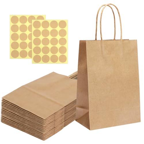 TYFYH 25 Stück Papiertüten Mit Henkel, Geschenktüten, Papiertragetaschen Klein, Kraftpapier Tüten Braun, Einkaufstaschen für Geschenk, Restaurant zum Mitnehmen, Einkaufen (21x15x8 cm) von TYFYH