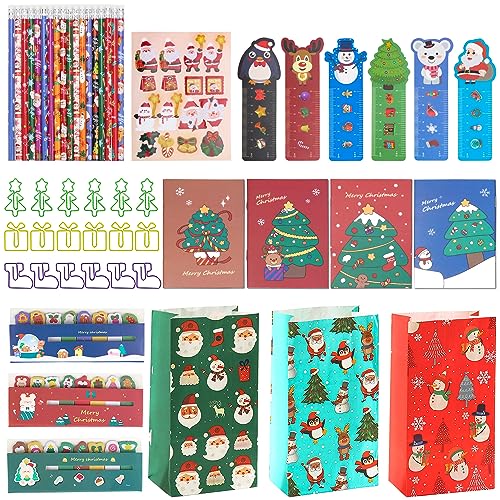 TYFYH Weihnachten Schreibwaren Set 132 Stück Schreibwaren Geschenkset, Inklusive 18 Notizbuch, 18 Bleistift, 18 Lineal, 18 Post it Notes, 18 aufkleber, 18 geschenktasche, 18 Büroklammer von TYFYH