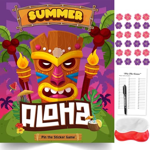 TYHJOY Luau Hawaiianische tropische Partyspiele, Pin The Flower on The Tiki Partyspiel, Aloha Tiki Sommer Tropical Carnival Party Dekorationen Supplies Favors von TYHJOY