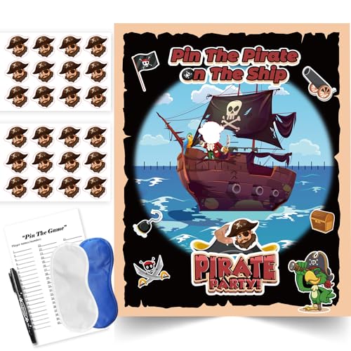 TYHJOY Piraten-Party-Spiele für Kinder, Pin The Pirate on the Pirate Ship Game, Piraten-Party-Dekorationen, Partyzubehör, Gastgeschenke von TYHJOY