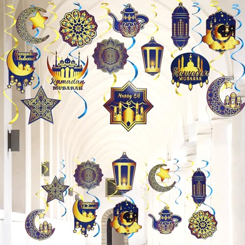 30Pcs Eid Dekorationen hängende Wirbel, TYL&TYS Eid Mubarak Banner Hängende Wirbel Islamische Dekoration für Zuhause, Glänzende Blau Stern Mond Laterne Deckenfolie Dekor für Eid Party Supplies von TYL&TYS