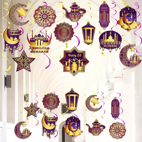 30Pcs Eid Dekorationen hängende Wirbel, TYL&TYS Eid Mubarak Banner Hängende Wirbel Islamische Dekoration für Zuhause, Glänzende Lila Stern Mond Laterne Deckenfolie Dekor für Eid Party Supplies von TYL&TYS