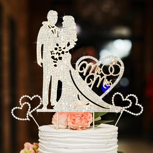 3 Stück Cake Topper Hochzeit, Tortendeko Hochzeit, Hochzeitspaar Figuren deko,Strass Herz Torten Topper Hochzeit, Mr & Mrs Cake Topper Personalisiert Hochzeit,für Hochzeitstorten und Jubiläumsparty von TYLUSPA