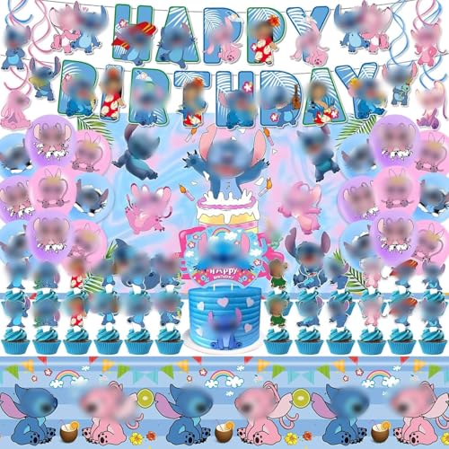 Cartoon Geburtstagsdeko, 52 Stüks Blau Deko Geburtstag Set mit Birthday Banner Tischdecke Luftballons Cake Topper Hintergrund, für Kindergeburtstag Deko, Thema Party deko von TYLUSPA
