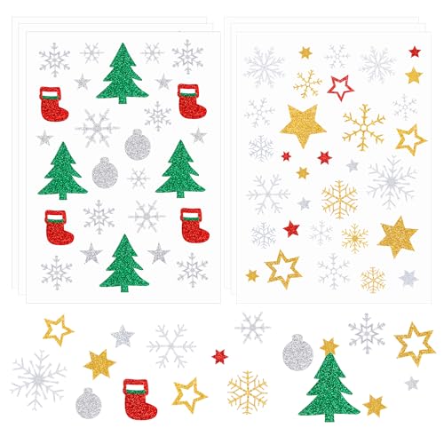 Glitzer Aufkleber Weihnachten,Tannenbaum Sterne Schneeflocken Sticker, Weihnachtsaufkleber Selbstklebend zum Basteln Geschenke Weihnachtsdeko (6 Bogen) von TYSM-CC