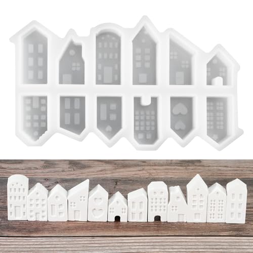 Silikonformen 12 Pcs Mini Silikonform Haus, Silikonform Kerzenhalter Haus Gießform Haus mit Fenster Silikon Gießform Lichthäuser, 3D Häuser Gießform für Sojawachs Kerzen, Seife, Gips, Handwerk von TYSM-CC