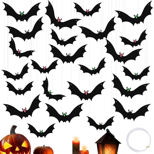 TYXHXTF 24 Stück Halloween Deko, Hängende Fledermäuse mit Augenaufklebern und Schnurrolle, 2 Größen, Halloween-Dekorationen für Drinnen Draußen, Perfekt für Outdoor, Wand, Garten, Fenster von TYXHXTF