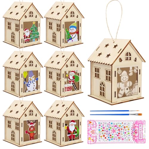 TYXHXTF 7PCS Weihnachtshaus Basteln Kinder, Weihnachten Deko Bastelset, DIY Holzbastelset zum Bemalen, Weihnachten Bastelset, Bastelset Kinder für Jungen Mädchen von TYXHXTF