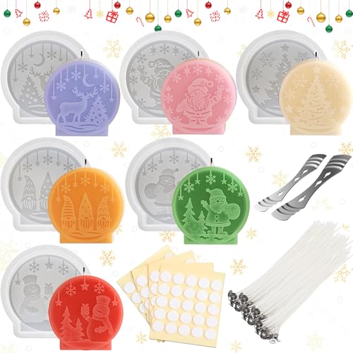 TZEKING 218 Stück Kerzen Silikonformen Weihnachten Set,6PC 3D Weihnachten Kerzenform+200 Wachsdochte+2 Halter+10 Aufkleber,Silikonform Weihnachten Kerzen,Weihnachtsbaum Kerzenform für DIY Duftkerze von TZEKING