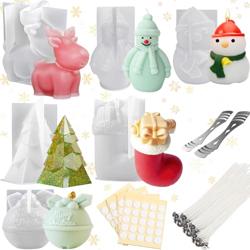 TZEKING 218 Stück Kerzen Silikonformen Weihnachten Set,6PC 3D Weihnachten Kerzenform+200 Wachsdochte+2 Halter+10 Aufkleber,Silikonform Weihnachten Kerzen,Weihnachtsbaum Kerzenform für DIY Duftkerze von TZEKING