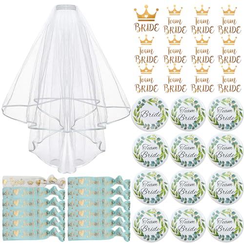 TZEKING 37 Stück JGA Braut Button Set,Team Bride JGA Buttons,12 Bride Buttons+12 Bride Tattoo Aufkleber+12 Bride Armband+1 Schleier,Jungesellinnenabschied Frau Accessoires,JGA Deko Accessoires von TZEKING