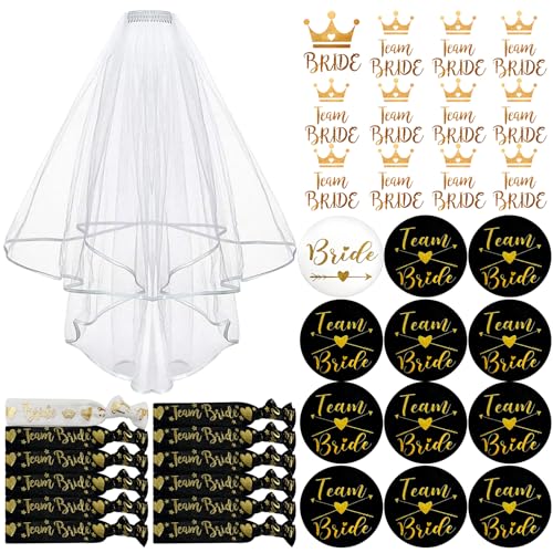 TZEKING 37 Stück JGA Braut Button Set,Team Bride JGA Buttons,12 Bride Buttons+12 Bride Tattoo Aufkleber+12 Bride Armband+1 Schleier,Jungesellinnenabschied Frau Accessoires,JGA Deko Accessoires von TZEKING