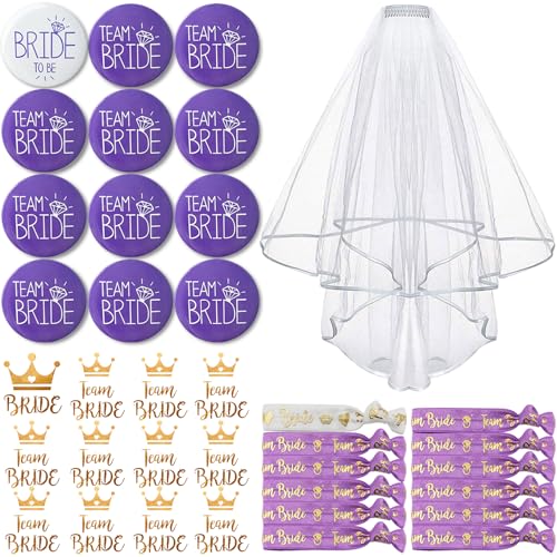 TZEKING 37 Stück JGA Braut Button Set,Team Bride JGA Buttons,12 Bride Buttons+12 Bride Tattoo Aufkleber+12 Bride Armband+1 Schleier,Jungesellinnenabschied Frau Accessoires,JGA Deko Accessoires von TZEKING