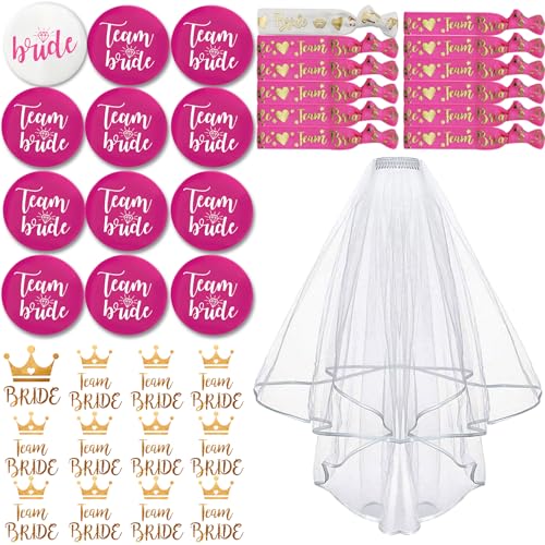 TZEKING 37 Stück JGA Braut Button Set,Team Bride JGA Buttons,12 Bride Buttons+12 Bride Tattoo Aufkleber+12 Bride Armband+1 Schleier,Jungesellinnenabschied Frau Accessoires,JGA Deko Accessoires von TZEKING