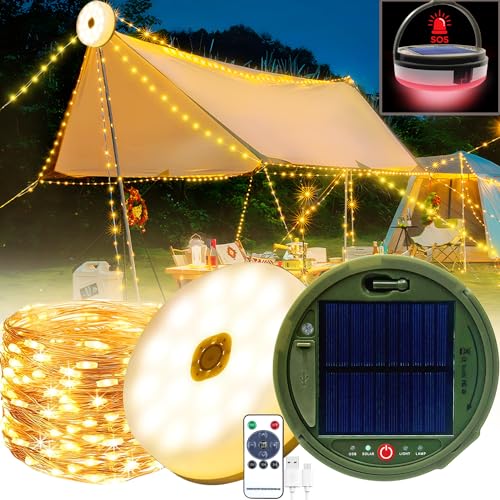 TZEKING Camping Lichterkette Aufrollbar,3 in 1 Solar Camping Lichterkette Außen,13M 160LED Tragbare Campinglampe,Wasserdichte Camping Lichterkette,Wiederaufladbar über USB,Lichterketten Außenbereich von TZEKING