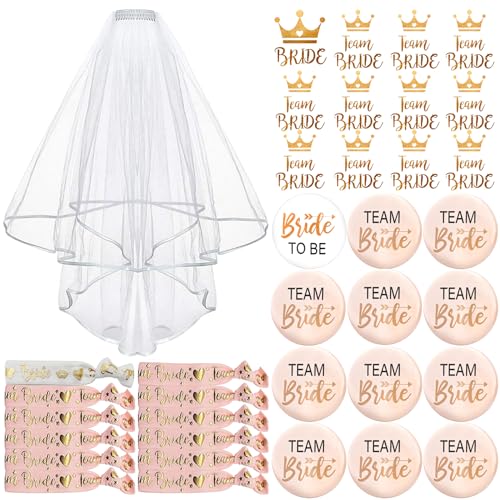 TZEKING 37 Stück JGA Braut Button Set,Team Bride JGA Buttons,12 Bride Buttons+12 Bride Tattoo Aufkleber+12 Bride Armband+1 Schleier,Jungesellinnenabschied Frau Accessoires,JGA Deko Accessoires von TZEKING