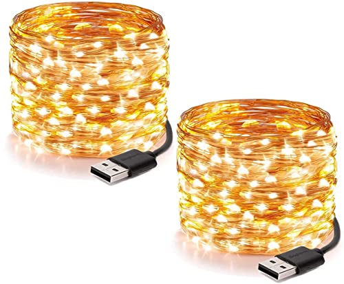 TZFTZ Lichterkette mit USB, 2 Stück, 10 m, 100 LEDs, Lichterketten, warmweiß, Kupferdraht, Dekoration für Innen- und Außenbereich, Hochzeit, Weihnachtsfeier von TZFTZ