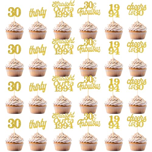 TZQFROCE Tortendeko 30 Geburtstag Frau Mann 24 Stück Glitzer 30. Geburtstag Cupcake Topper 30th Geburtstag Tortendeko Gold Kuchendeko Geburtstag für 30 Geburtstag Deko Mann Frau Kuchen Deko von TZQFROCE