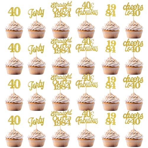 TZQFROCE Tortendeko 40 Geburtstag Frau Mann 24 Stück 40th Geburtstag Tortendeko Gold 1984 Cupcake Toppers Gold Geburtstag Cake Topper Geburtstag für 40 Geburtstag Deko Mann Frau Kuchen Deko von TZQFROCE