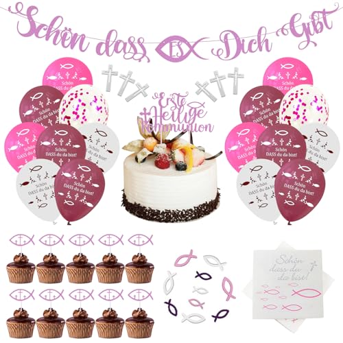 Kommunion Deko 136 Stück Taufe Kommunion Deko Taufe Luftballons Rosa mit Servietten Kommunion Mädchen Kommunion Deko Tischdeko Kommunion für Taufe Tischdeko Mädchen von TZQFROCE