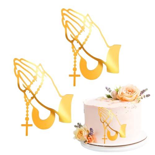 2 Stück Kuchendeko Kreuz Gold Tortendeko Kommunion Gold Acryl Torte Deko Tortendeko Taufe Cake Topper Kommunion Gefaltete Hände Cake Topper für Taufe Hochzeit Babyparty von TZQFROCE