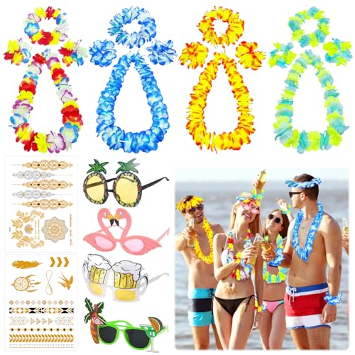 TZQFROCE 10 Stück Hawaii Ketten Blumenketten Hawaii Hawaii Party Deko Party Brille Hawaii Hawaiian Tattoo Hawaii Deko für Hawaiian Party Strand Dekorationen Zubehör von TZQFROCE