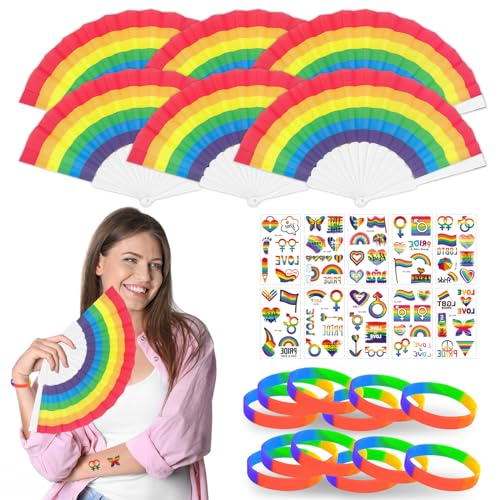 TZQFROCE 28 Stück Regenbogen Fächer Set Regenbogen Party Mitbringsel Pride Falten Handfächer Regenbogen Armband Regenbogen Tattoos Pride Accessories für Sommer Frauen Männer von TZQFROCE