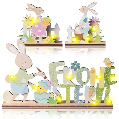 TZQFROCE 3 Stück Osterhase Deko aus Holz Ostern Hase Deko Deko Aufsteller für Ostern Frohe Osterhase Holz Deko Aufsteller mit Schriftzug Ostern für Osterdeko Tischdeko Frühling von TZQFROCE