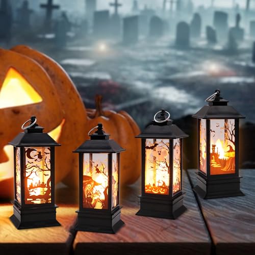 TZQFROCE 4 Stück Halloween Deko Kürbis Laterne Halloween Laterne Outdoor mit LED Kerze Halloween Deko Garten Halloween Deko Laternen Herbstdeko Kürbis Laterne für Halloween Party Requisiten von TZQFROCE