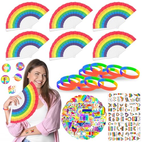 TZQFROCE 78 Stück Regenbogen Fächer Set Pride Accessories Regenbogen Fächer Regenbogen Armband Regenbogen Tattoos Regenbogen Party Mitbringsel für Sommer Frauen Männer von TZQFROCE