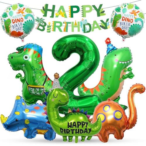 TZQFROCE Dino Geburtstag Deko 2 Jahre Dino Deko Kindergeburtstag XXL Dino Deko Kindergeburtstag Dinosaurier Folienballon mit Happy Birthday Girlande für Jurassic Feier Jungen Geburtstag von TZQFROCE