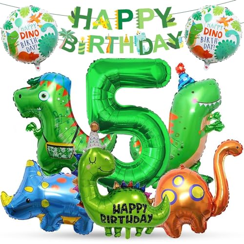 TZQFROCE Dino Geburtstag Deko 5 Jahre Dino Deko Kindergeburtstag XXL Dinosaurier Kindergeburtstag Deko Dinosaurier Luftballon mit Happy Birthday Girlande für Geburtstag Dekoration Jungen von TZQFROCE