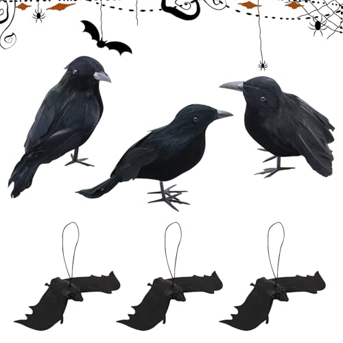 TZQFROCE Halloween Krähen Deko 3 Stück Halloween Krähen Requisite mit 3 Stück Halloween Fledermäuse Realistische Raben Vögel Dekorationen Halloween Fledermäuse Deko für Halloween Party Requisiten von TZQFROCE