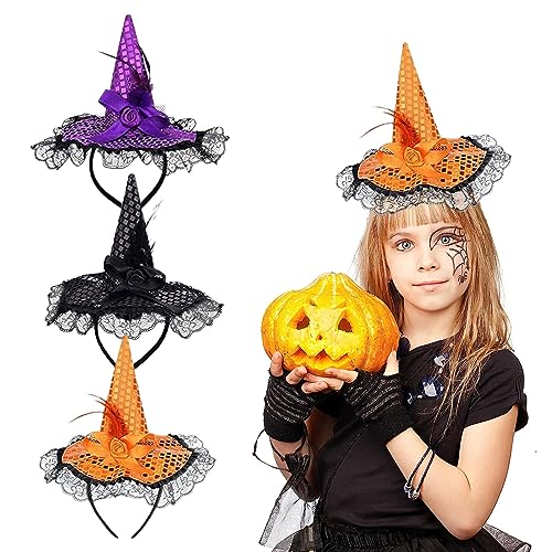 TZQFROCE Hexenhut Halloween 3 Stück Hexenhut Haarreif Halloween Hexe Stirnband Hexenhut Halloween Halloween Deko Hexenhut für Karneval Kostüm Halloween Party Dekoration von TZQFROCE