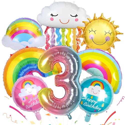 TZQFROCE Regenbogen Luftballons Mädchen 8 Stück 3 Jahre Regenbogen Wolken Luftballons Regenbogen Geburtstagsdeko Luftballons Geburtstagsdeko Mädchen für Geburtstags Festival Party Dekoration von TZQFROCE