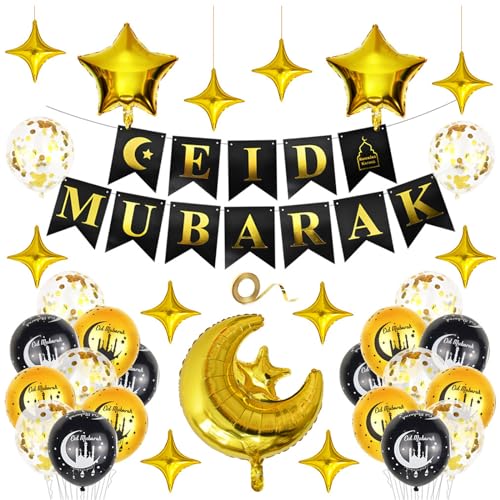 TZUNI Eid Mubarak Luftballons, Eid Mubarak Dekoration mit Schwarz Gold Ballons Latex Ramadan Luftballon Konfetti Banner für Muslim Eid Ramadan Kareem Party Dekoration Zuhause Outdoor Eid Dekoration von TZUNI