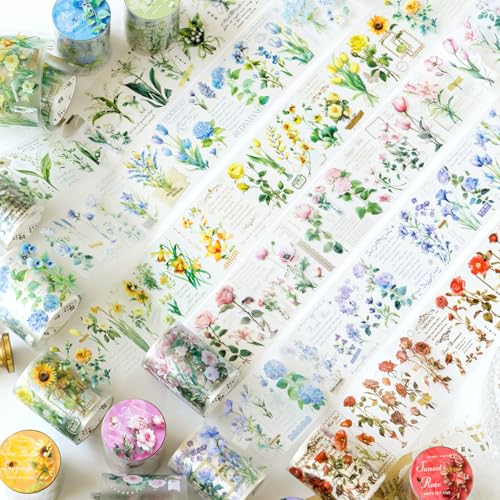 Ta Merry Scrapbook Zubehör Set 6 Rollen Washi Tape PET Scrapbooking Blumen Stickers Bullet Journal für DIY Scrapbook Kalender Notizbuch Fotobuch Tagebuch Journaling von Ta Merry