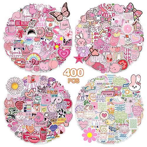 400 Stück Preppy Aufkleber,Rosa Niedliche Ästhetische Aufkleber für Wasserflaschen,Laptops,Scrapbooks,Koffer,Telefon,Perfekte Geschenke für Mädchen,Kinder,Erwachsene von Taamoaa