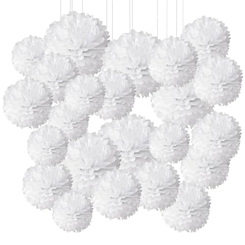 24er Pompons Deko Weiß, Seidenpapier Pompoms, Lampions Pom Poms Wabenbälle Fächer Dekoration Set Weiß für Hochzeit Feier Geburtstag Party Einschulungsparty Mottoparty Baby Shower von Taasmoog