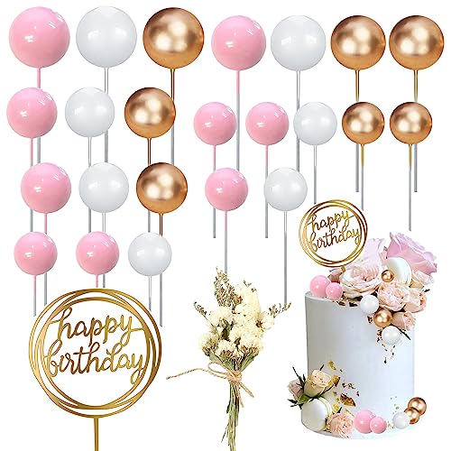 Goldenes Kugeln Tortendeko Set, 44Stück Happy Birthday Tortendeko Set Hochzeit Cake Topper mit Getrocknete Blumen für Geburtstag Hochzeit Babyparty Jubiläum Party Feier (Rosa) von Taasmoog