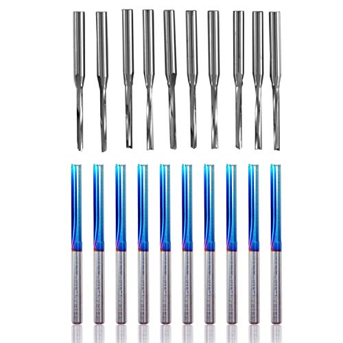 Tacell 10 Stück 2-schneidige gerade Schaftfräser, gerader Schlitz-Bit und 10 Stück 3,175 Schaft, blau beschichteter gerader Schaftfräser, 2 Rillen von Tacell
