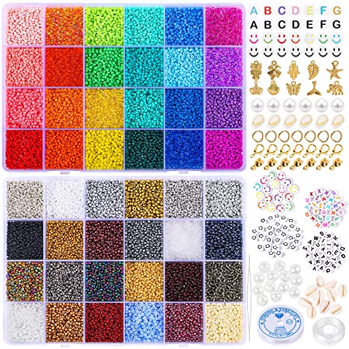 Glasperlen zum Auffädeln 35600pcs 2mm 48 Farbe Rocailles Perlen Set, Selber Machen Mini Buchstabenperlen Smiley Muschelanhänger für Armband Schmuck Bastelset Erwachsene von Tacobear