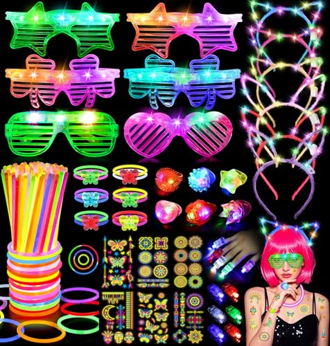 Knicklichter Mitgebsel Kindergeburtstag Gastgeschenke Leuchtstäbe LED Brille Haarbänder Tattoo Stickers Schwarzlicht Rave Festival Neon Disco Deko Mitbringsel Pinata Füllung Give Aways Geburtstag von Tacobear