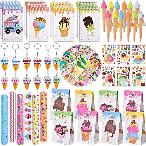 Tacobear 122Stk Eiscreme Mitgebsel Kindergeburtstag Mädchen mit Mini Notizbuch Stifte Schlüsselanhänger Schnapparmband Aufkleber Kinder Geschenktüten Sticker Eiscreme Party Give Aways Gastgeschenke von Tacobear