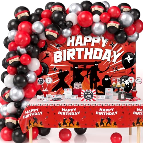 Tacobear 125 Stück Ninja Geburtstagsdeko Ninja Geburtstag Deko mit Luftballons Rot Schwarz Happy Birthday Hintergrund Tischdecke Ninja Luftballons Ninja Geburtstagsparty Dekorationen für Kinder Jungen von Tacobear