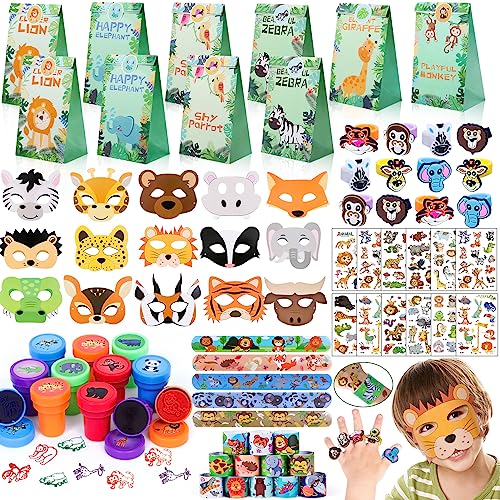 Dschungel Safari Mitgebsel Kindergeburtstag 75Stk. Dschungel Tiere Geschenktüten Schnapparmband Masken Temporäre Tattoos Briefmarken Silikonringe Give Aways Kindergeburtstag für Kinder Jungen Mädchen von Tacobear