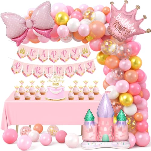 Tacobear Geburtstagsdeko Mädchen, Prinzessin Geburtstag Party Deko Rosa Luftballons Mädchen mit Cupcake Topper Happy Birthday Banner Prinzessin Krone Ballon für Kindergeburtstag Deko Mädchen von Tacobear