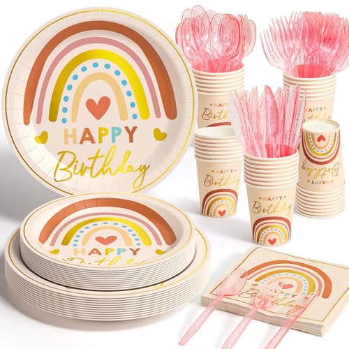 Tacobear Geschirrset Geburtstag Happy Birthday Servietten Für 20, Einweg Teller Set Papier Party Becher Besteck Rosa Partygeschirr Retro Hippie Boho Regenbogen Kindergeburtstag Geschirr Frauen Mädchen von Tacobear